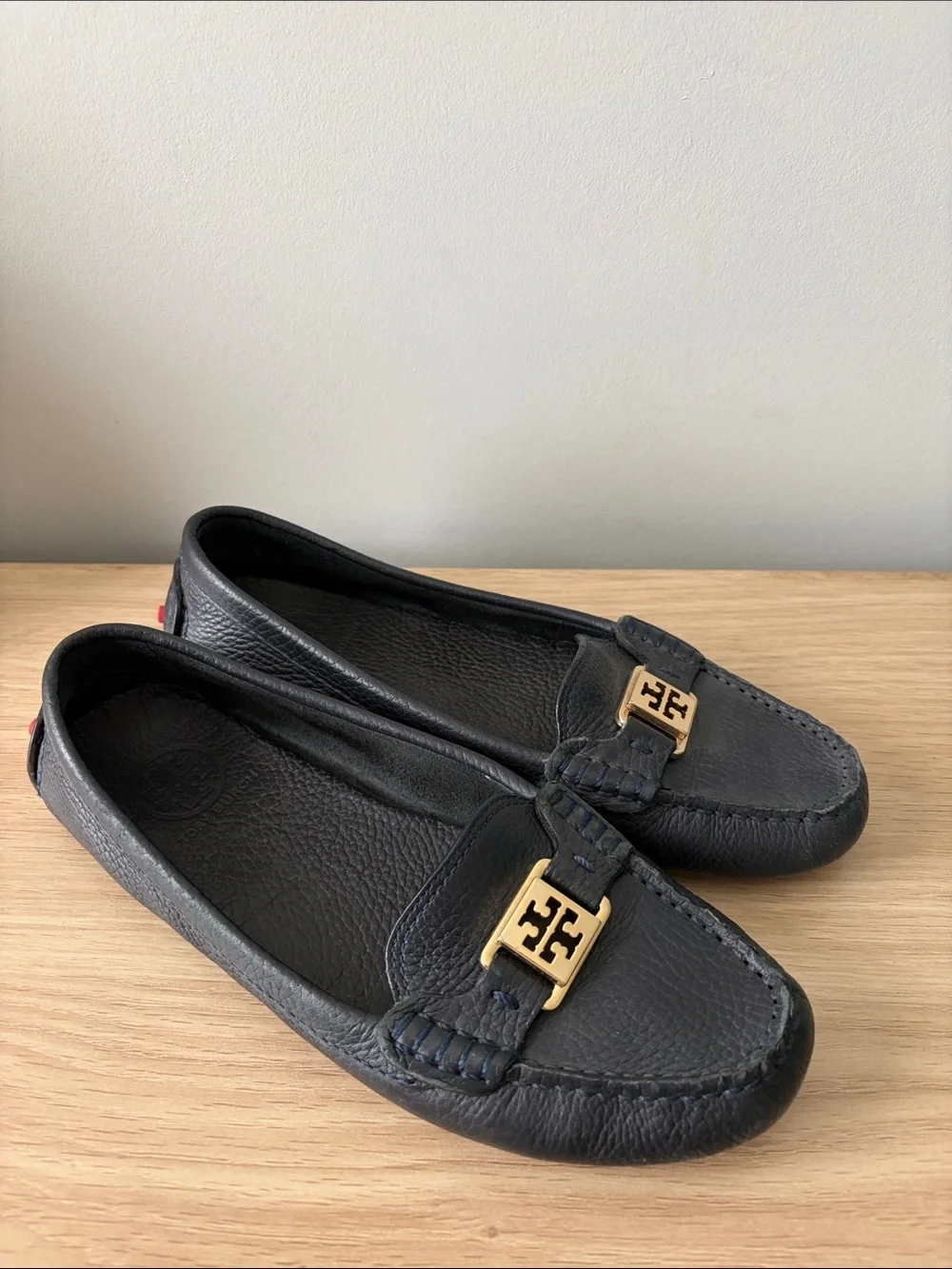 Tory Burch Navy Leather Loafers with Gold Logo Accent